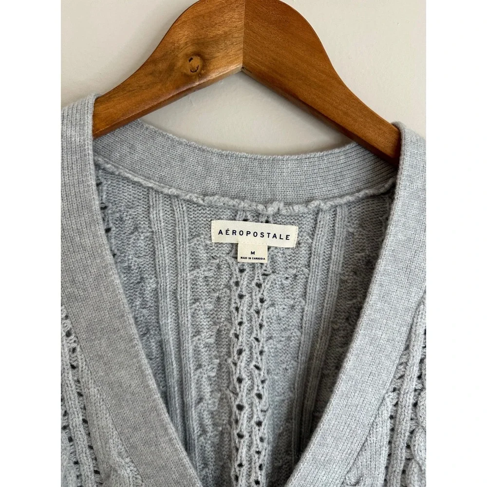 Aeropostale Cable Knit Cardigan Women M Grey EUC Reversible Bow‎ Tie Front 1278